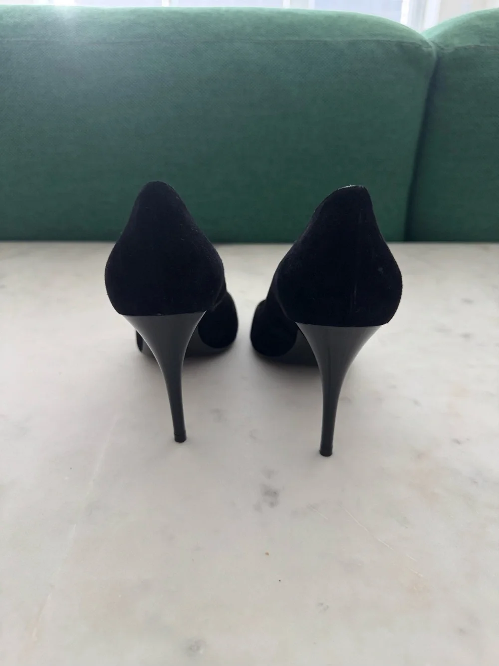 Saint Laurent Black Suede Pointed Pumps with Gold Logo - Picture 3 of 5